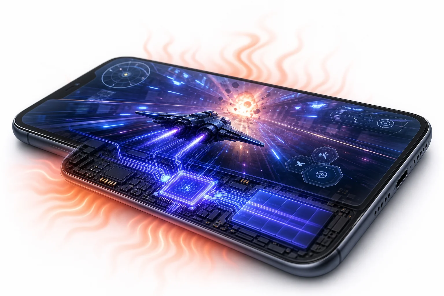 A phone running a game with simplified processor chips inside and heat spreading toward the case