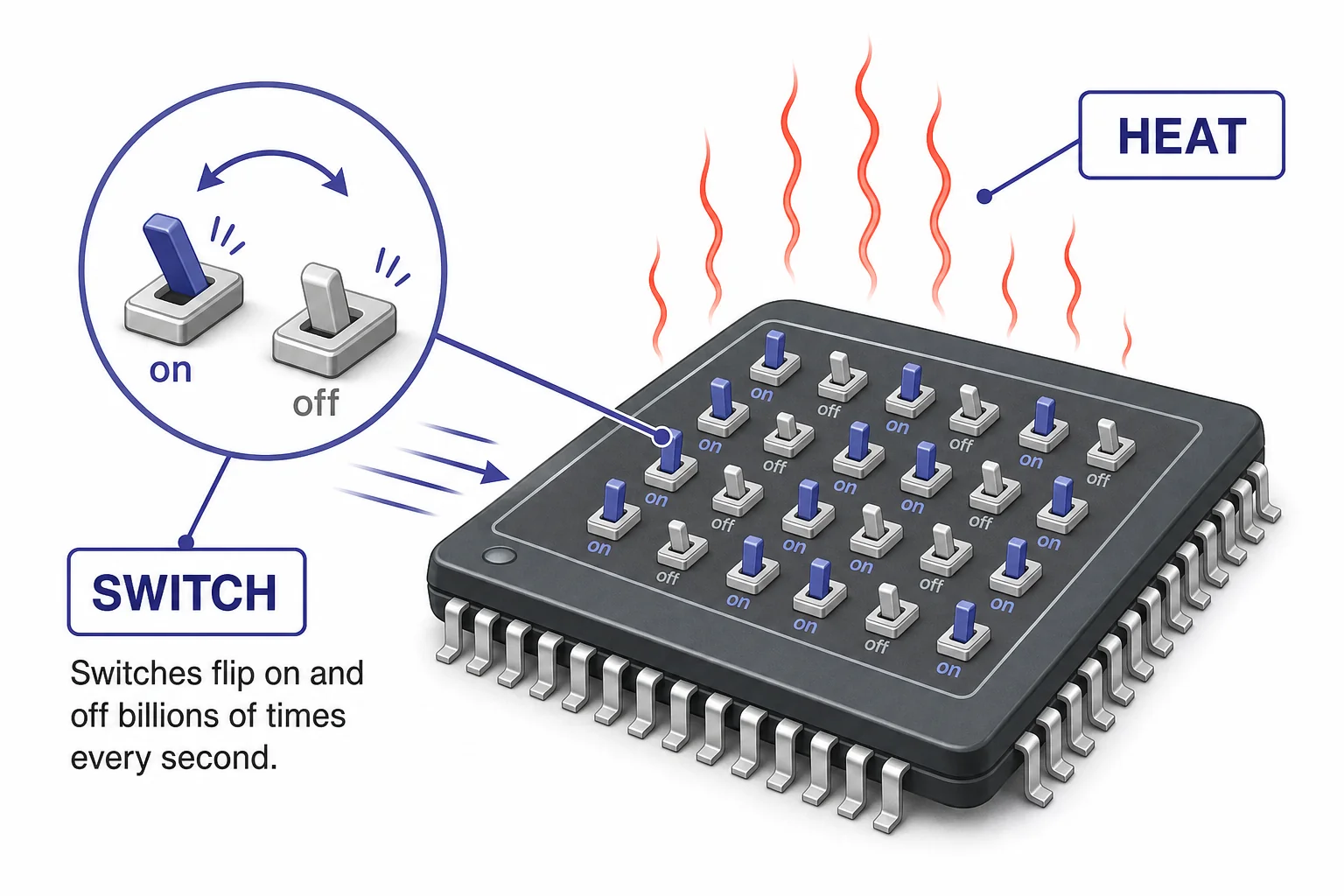 A magnified chip diagram showing many tiny transistor switches changing state and releasing heat