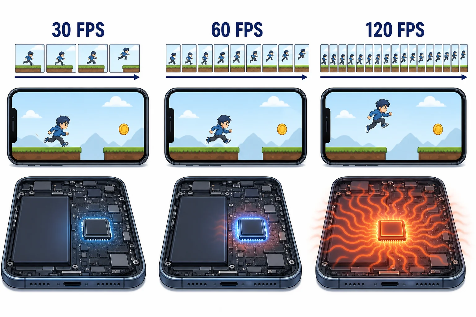 A comparison of 30, 60, and 120 frames per second with increasing chip activity and heat