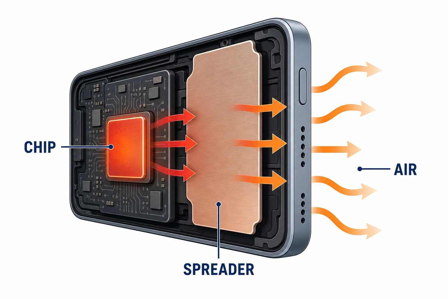 A phone cross section showing heat moving from the chip through a heat spreader to the frame and air