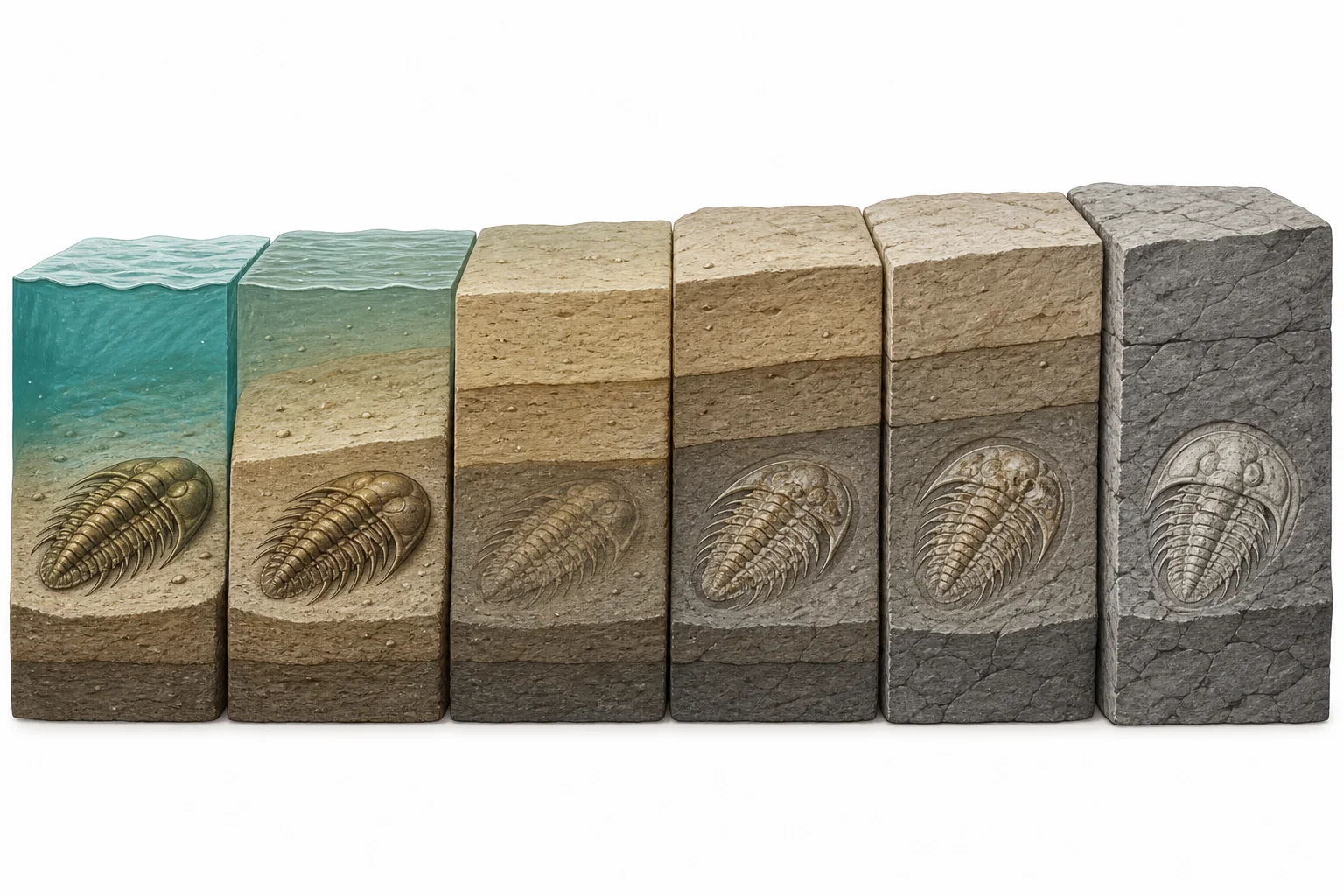 A fossil shell inside layered rock, showing how buried remains can become part of the rock record