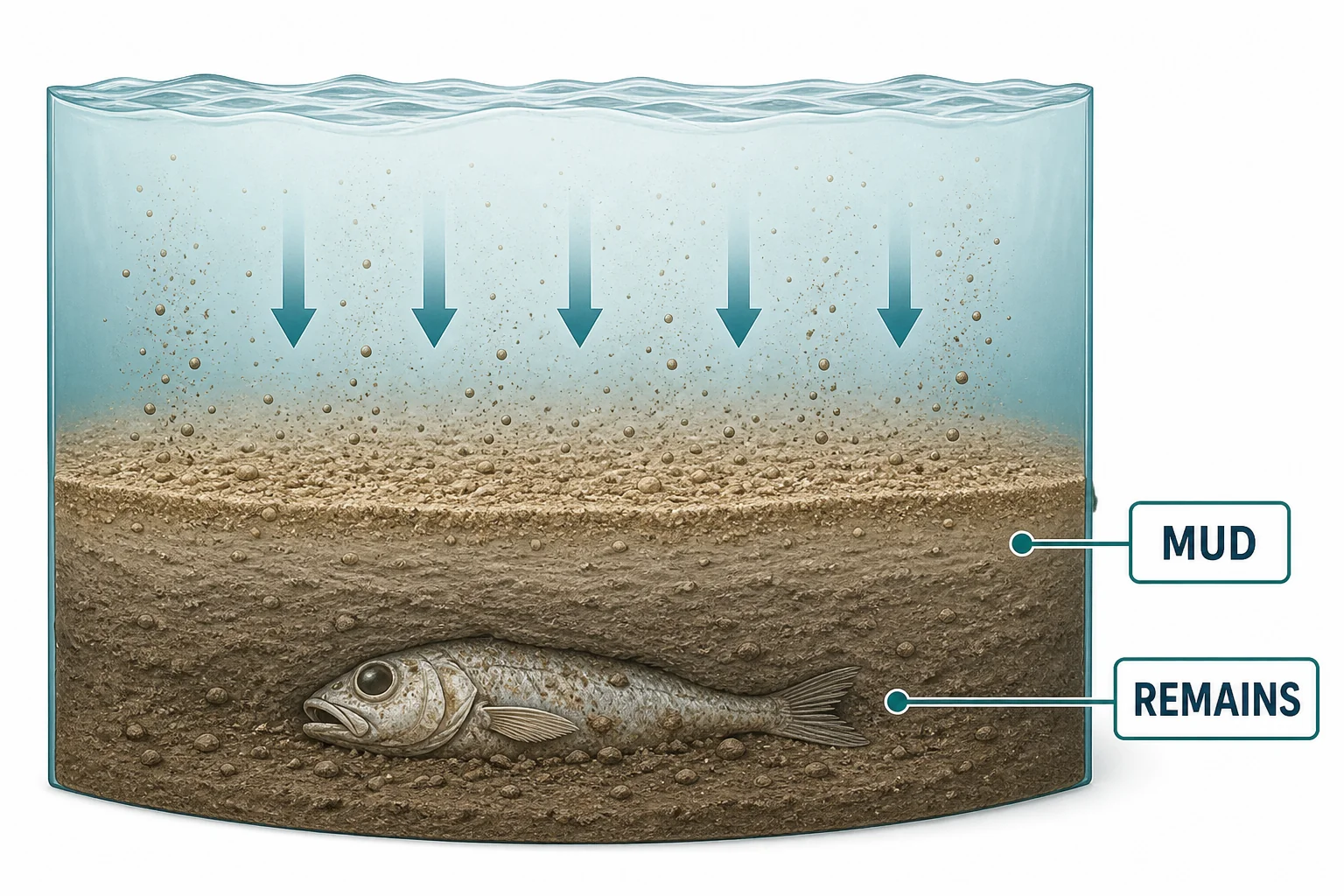 A dead fish being quickly covered by mud and sand at the bottom of shallow water