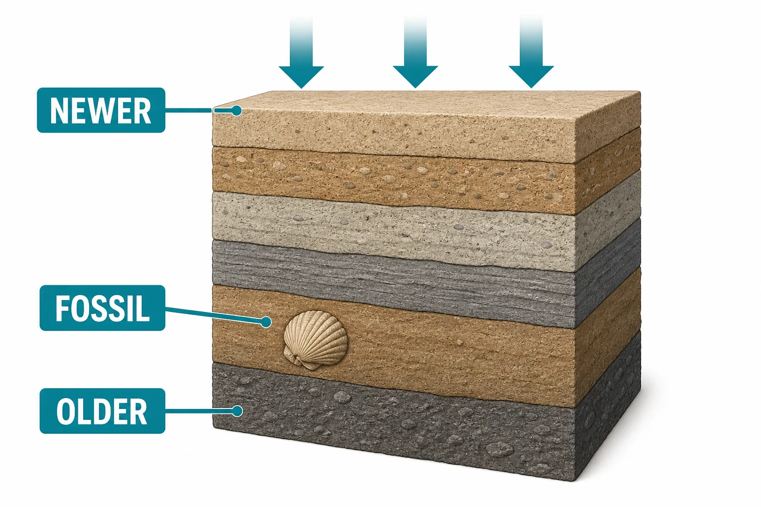 A cutaway stack of sediment layers with a fossil shell inside one lower layer