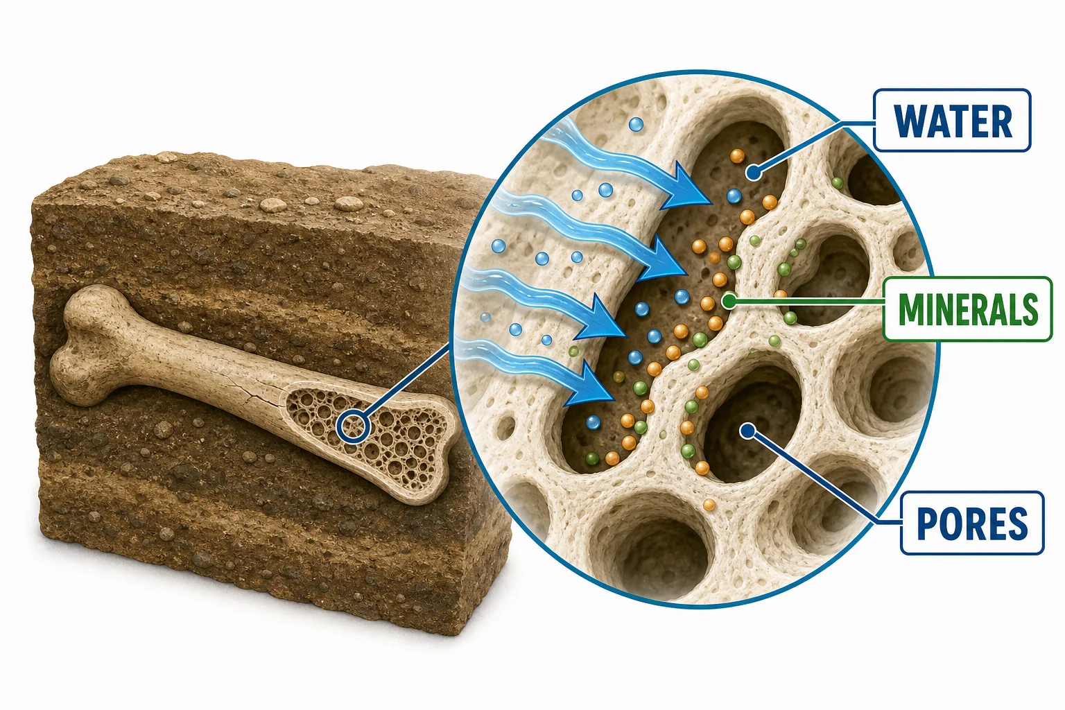 A magnified view of groundwater carrying minerals into tiny spaces in a buried bone