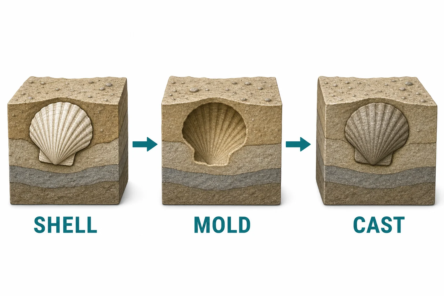 A sequence showing a shell dissolving, leaving a mold, and then forming a cast