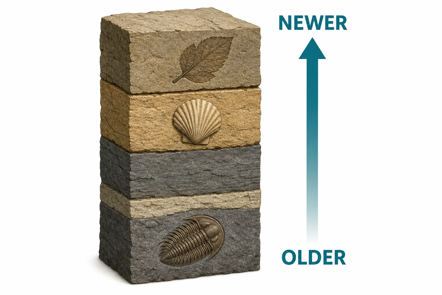 A tall rock column with older fossil layers at the bottom and younger fossil layers at the top