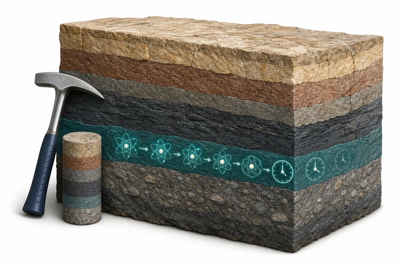 Geologist comparing tilted rock layers, fossil clues, and a lab sample used for radiometric dating
