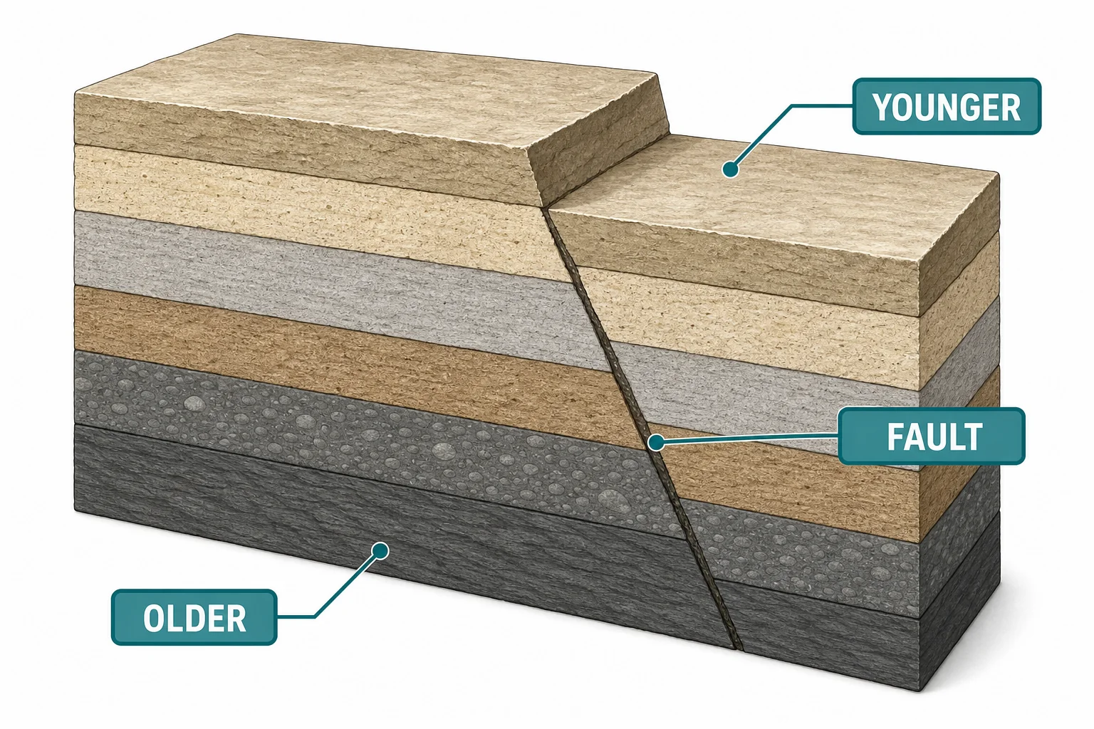 Diagram of sedimentary rock layers showing older layers below younger layers, with a fault cutting across them