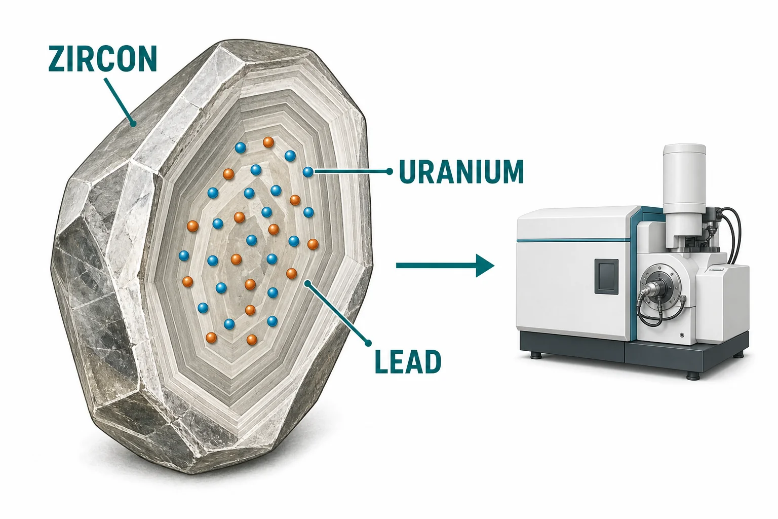 Zircon crystal with uranium atoms inside and lead atoms produced by decay, linked to a laboratory age measurement