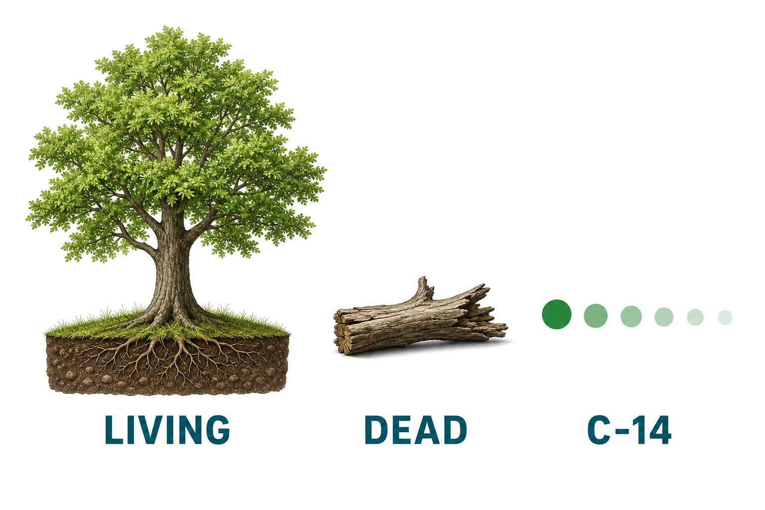 Carbon-14 dating diagram showing a living tree, a dead wood sample, and decreasing carbon-14 through time