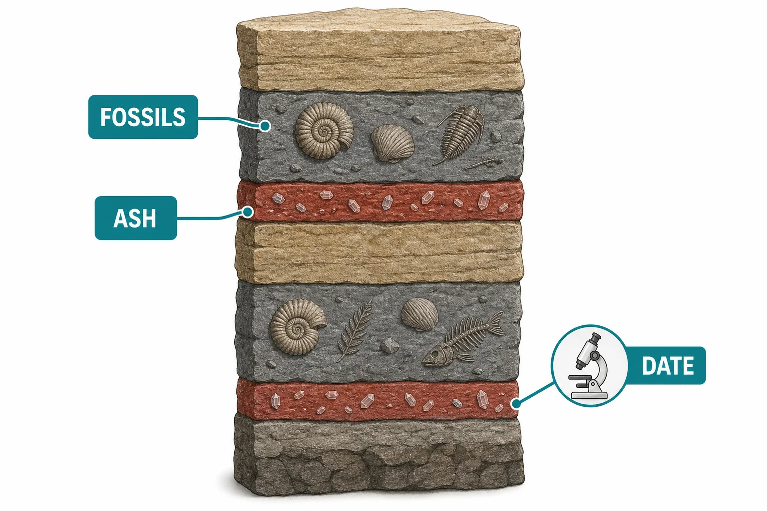 Rock sequence with fossil layers and dated volcanic ash layers used together to build an Earth history timeline