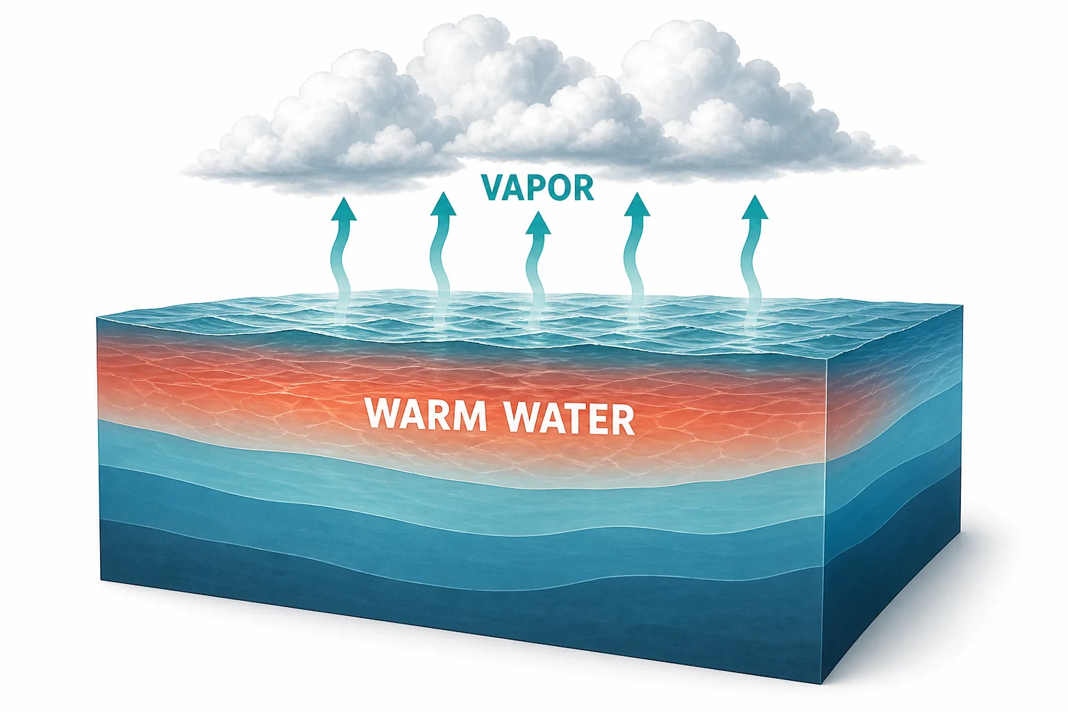 Warm ocean water evaporating into humid air that rises above the sea surface