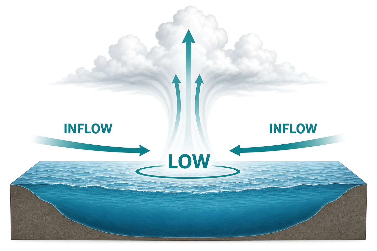 Air flowing toward a low-pressure center while warm air rises into storm clouds