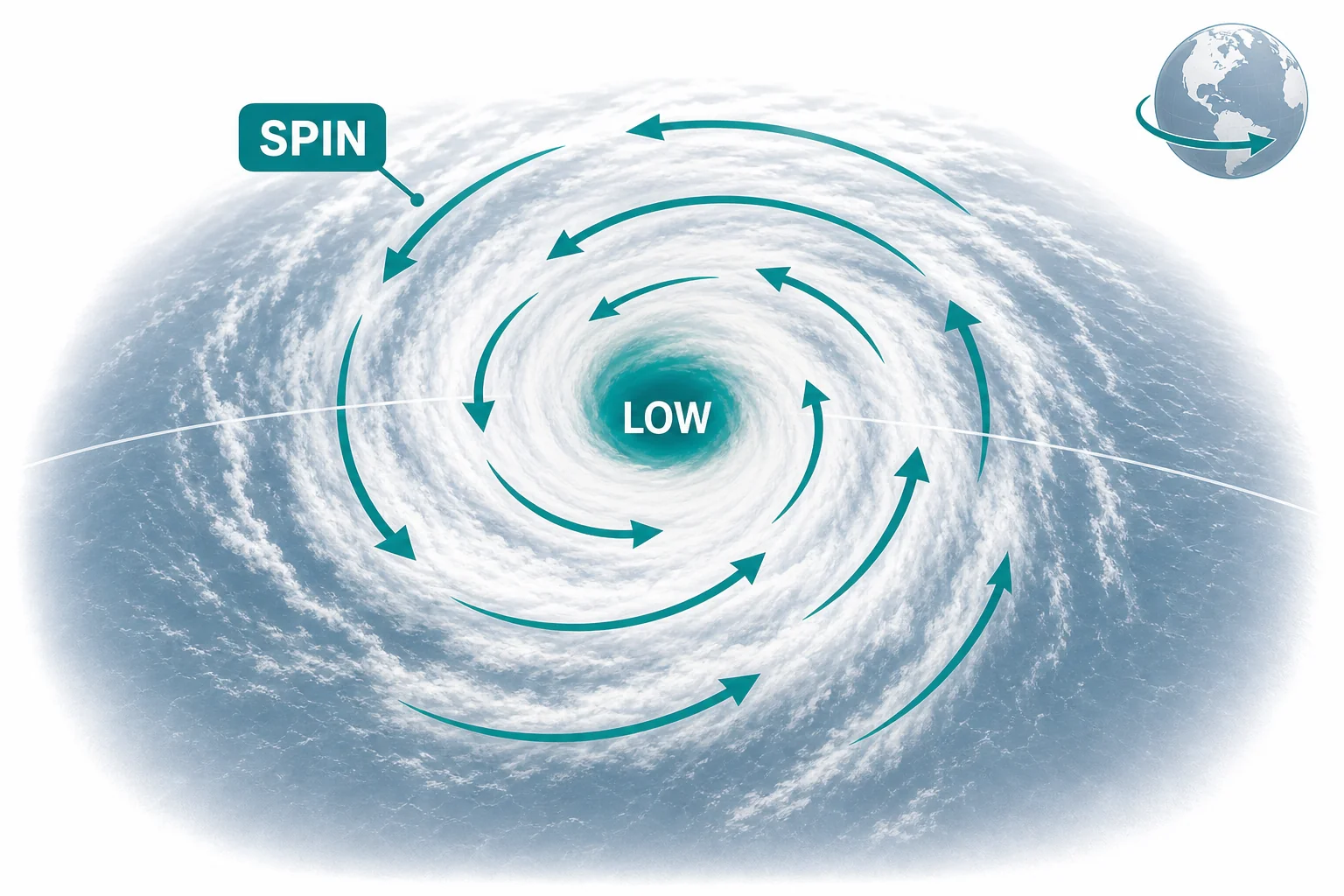 Curved airflow spiraling around a low-pressure center because of Earth’s rotation