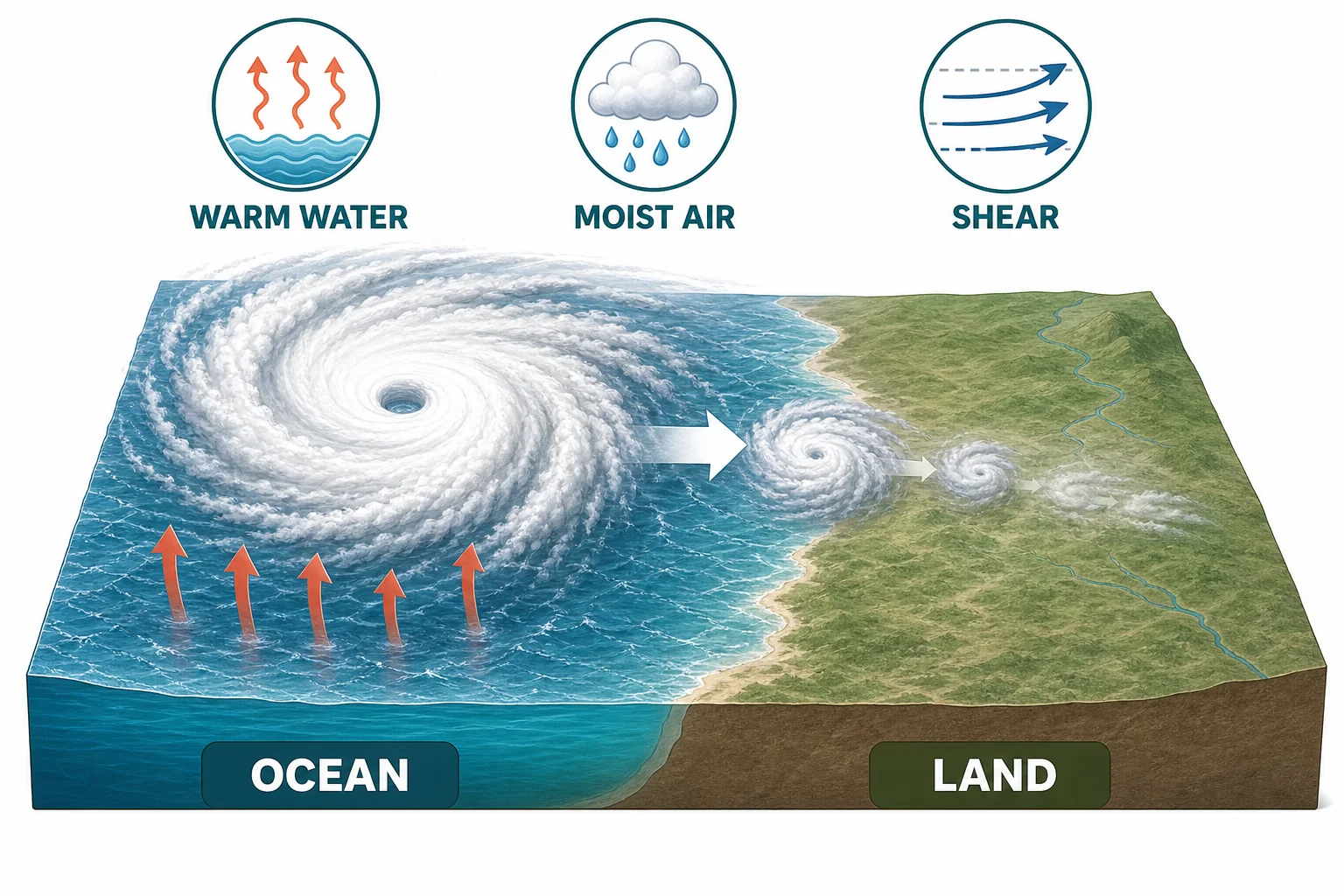 A hurricane weakening as it moves from warm ocean water toward land and cooler conditions