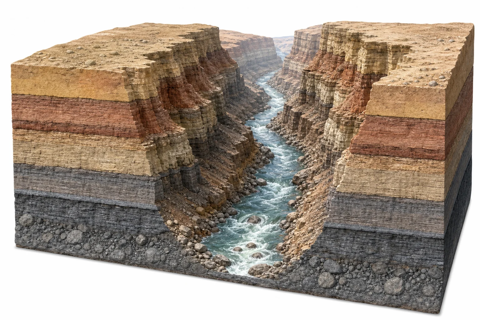 A river flowing through a deep canyon with exposed rock layers, showing how moving water can cut into Earth's surface.