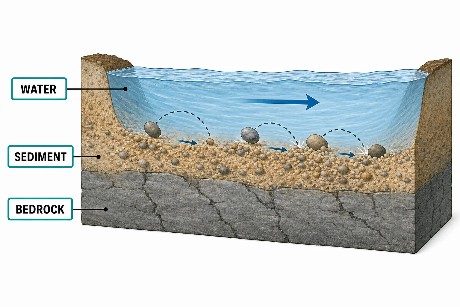 Diagram of a river carrying sand, gravel, and pebbles that scrape the riverbed as the water flows downstream.