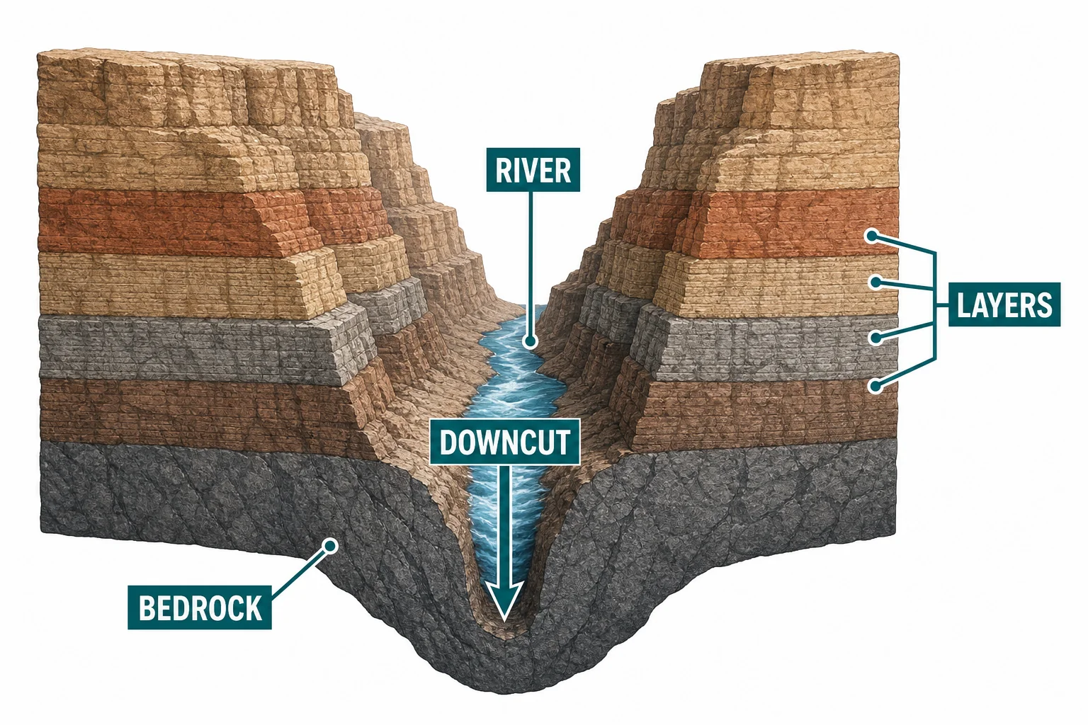 Cross section showing a river cutting downward into layered rock, forming a deep narrow canyon.