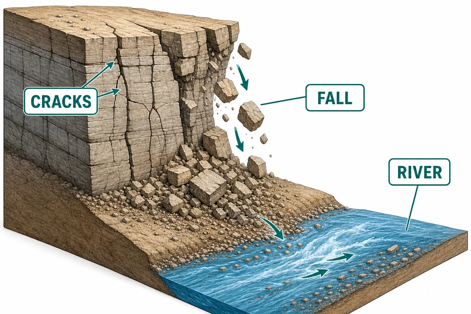Canyon wall diagram showing cracked rock, falling blocks, a slope of broken rock, and a river carrying debris away.