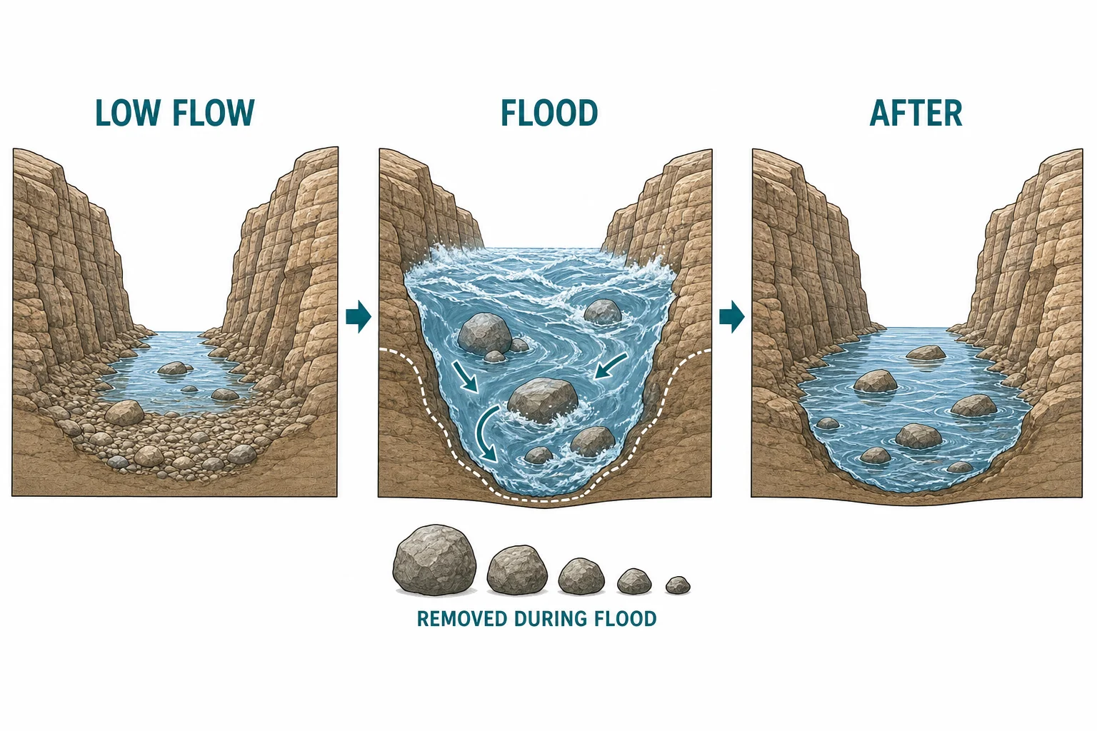 Timeline diagram comparing quiet river flow with flood events that remove more rock and sediment from a canyon channel.