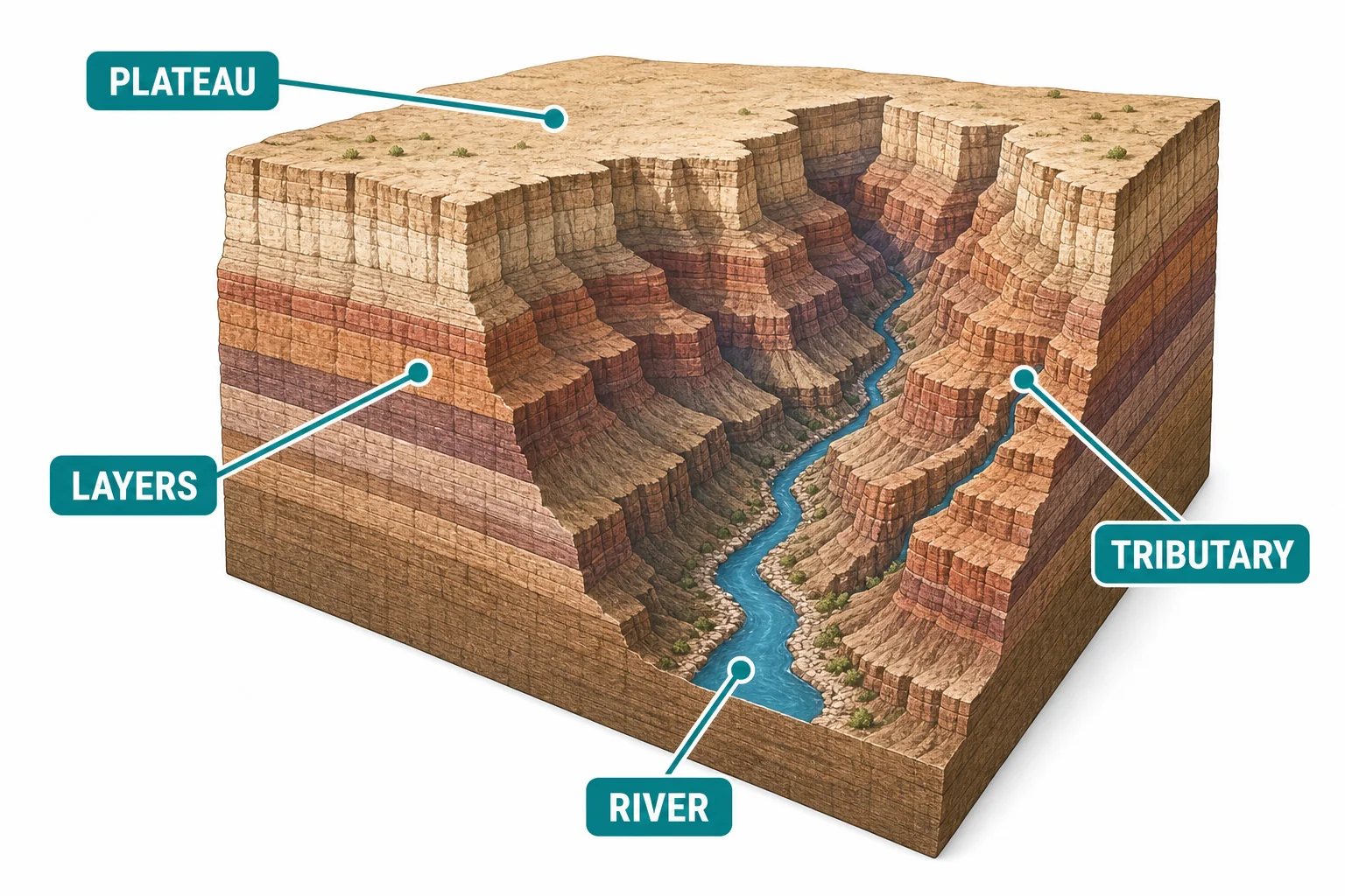 Simplified Grand Canyon cross section showing the Colorado River at the bottom, layered rock, tributary canyons, and plateau surface.