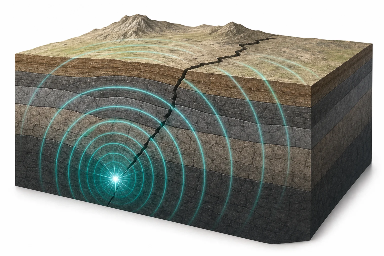 Cutaway view of Earth showing earthquake waves spreading from a fault through layers of rock to seismic stations on the surface.