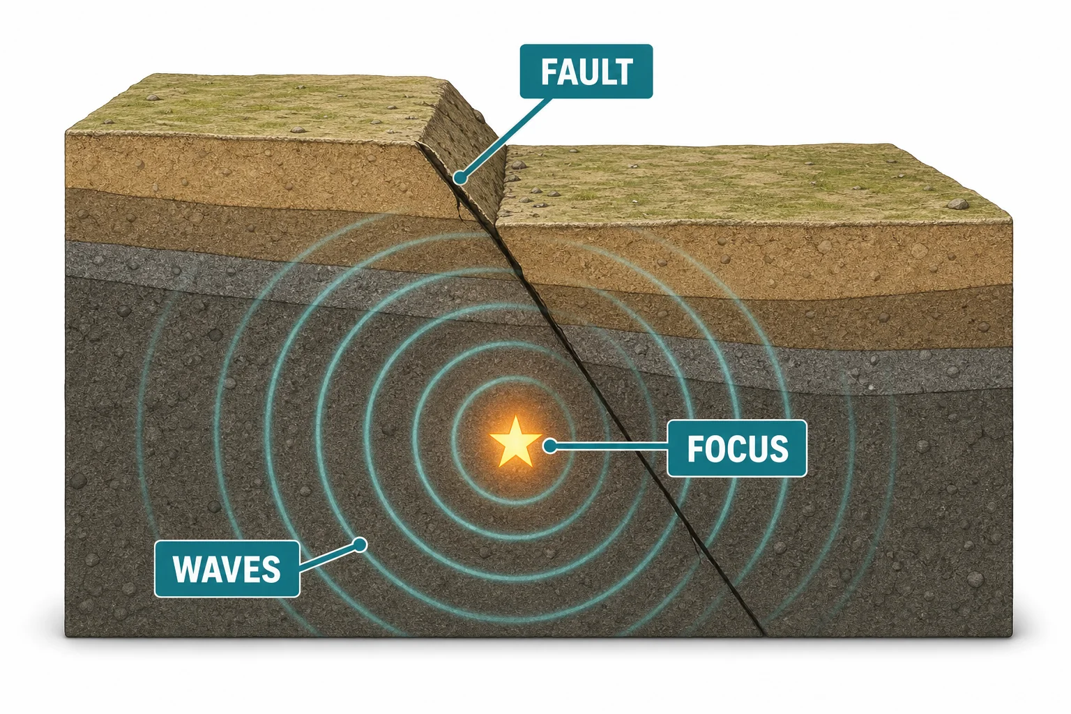 Diagram of two rock blocks slipping along a fault, with waves spreading outward from a focus below the surface.
