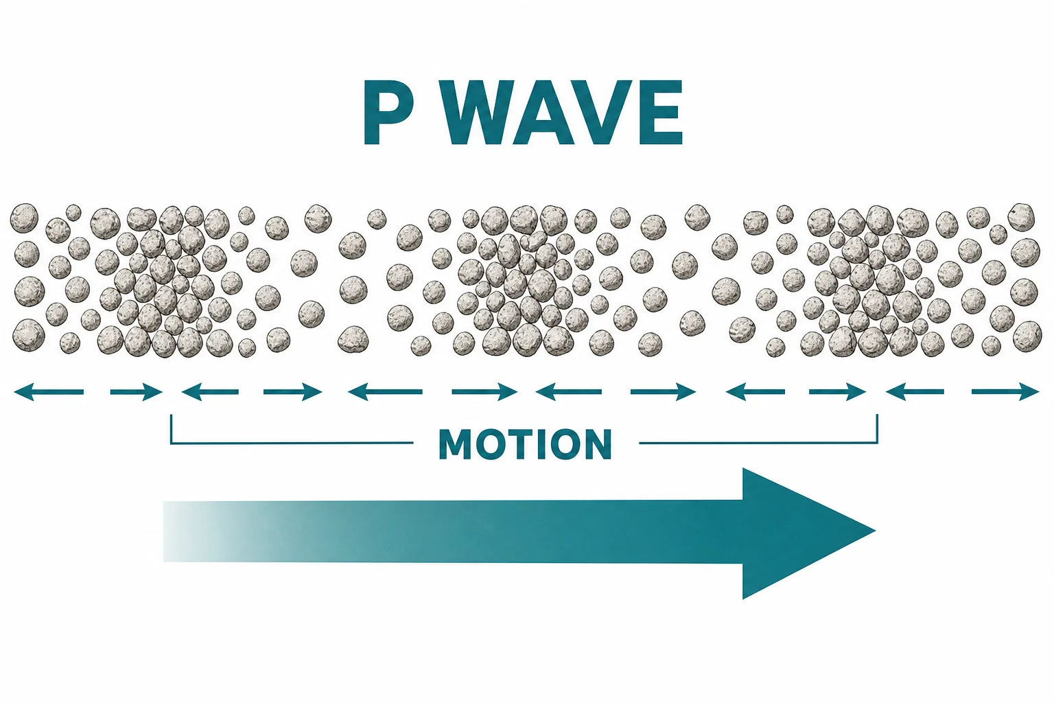 P-wave diagram showing rock particles moving back and forth parallel to the direction of wave travel.