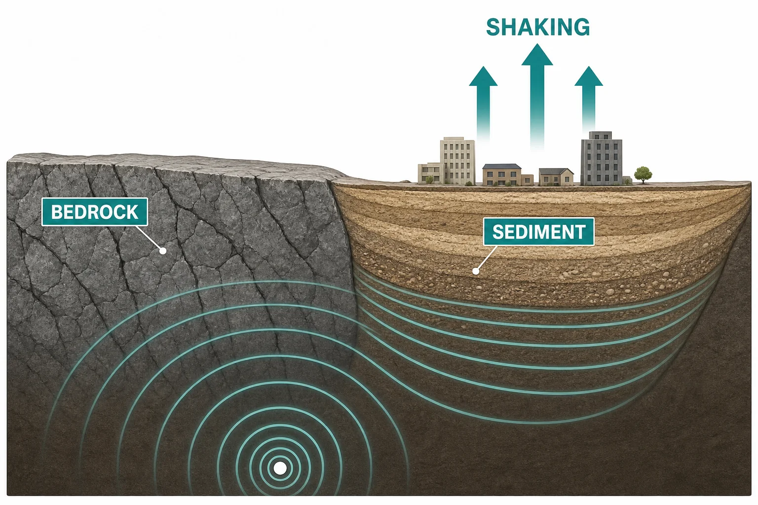 Cross section showing earthquake waves traveling through hard bedrock and soft sediment, with stronger surface shaking above the soft layer.