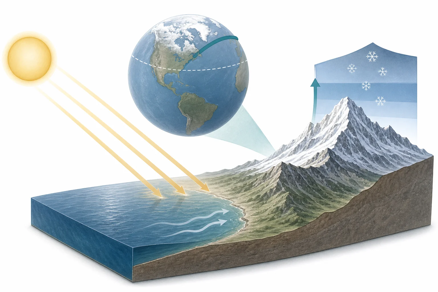 Earth shown with sunlight striking the equator more directly than the polar regions, with snow and ice near the poles