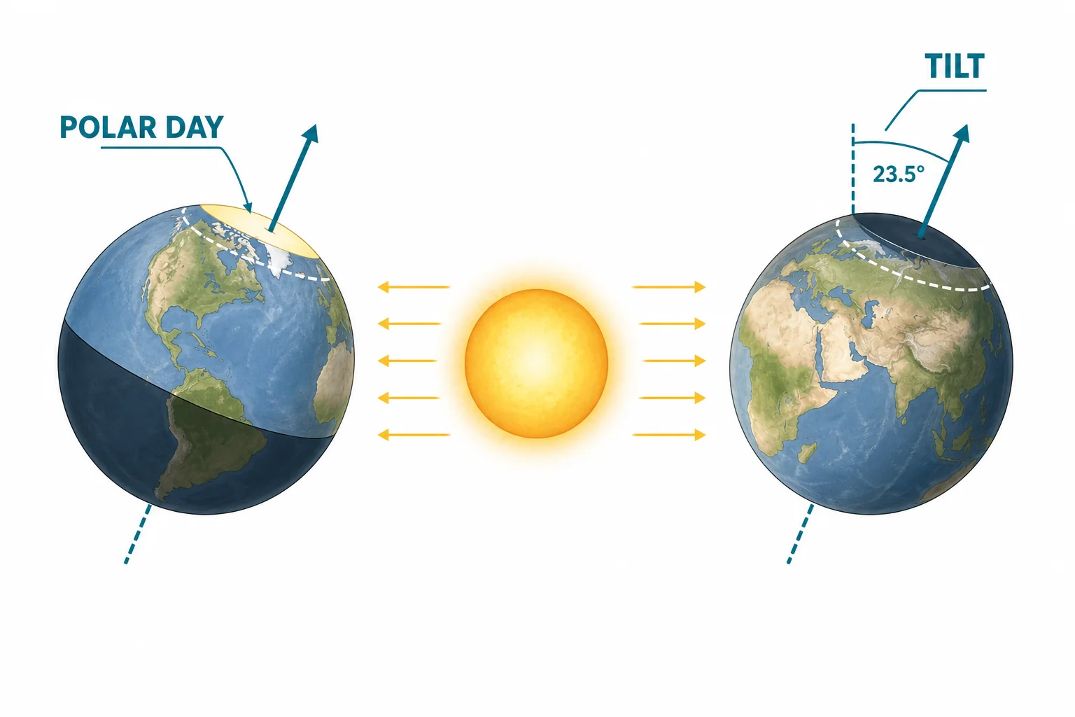 Tilted Earth orbit diagram showing the North Pole leaning toward the Sun in one position and away in another position