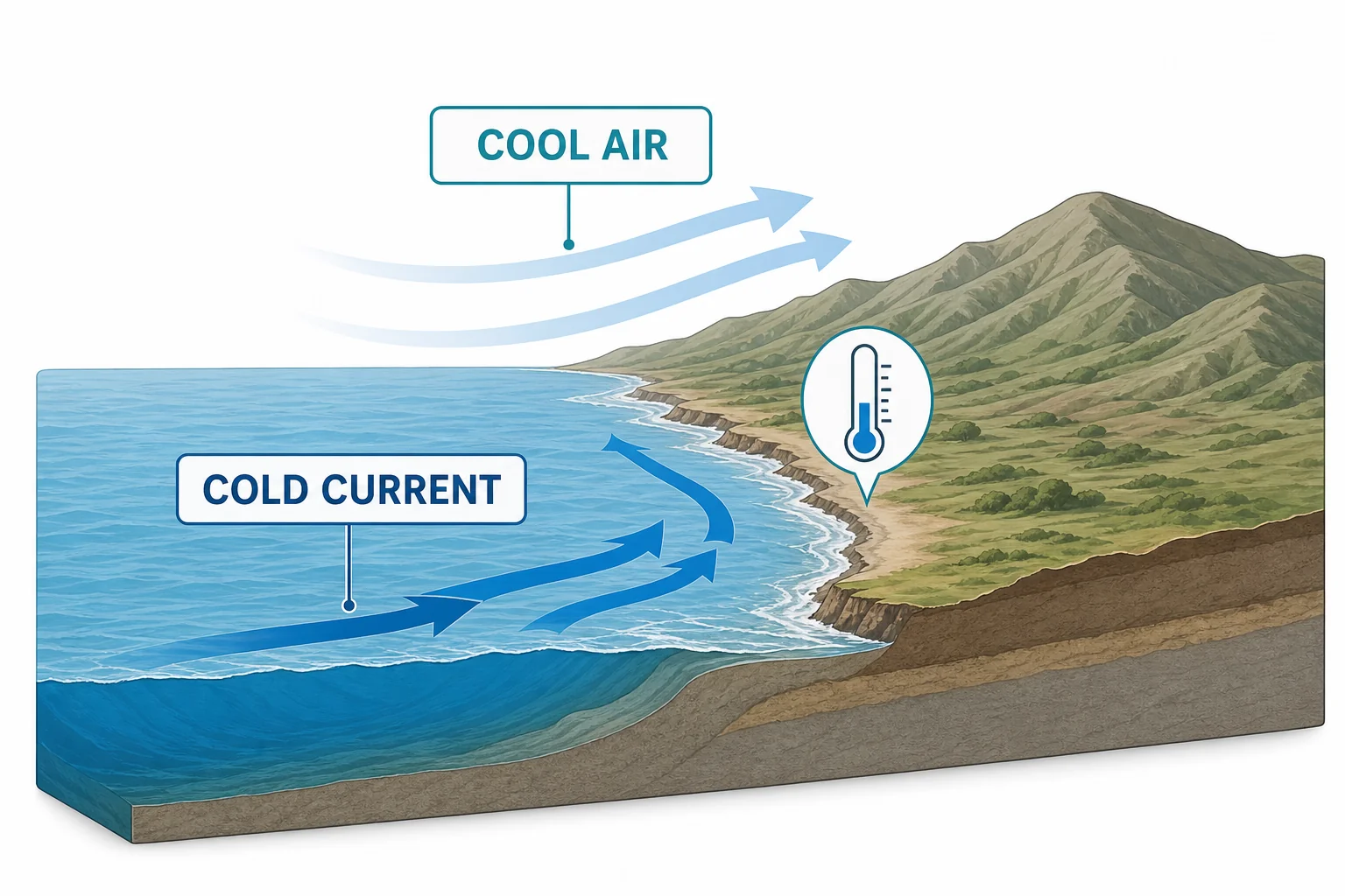 Map-style ocean diagram showing a cold current flowing along a coast and cooling the air over nearby land