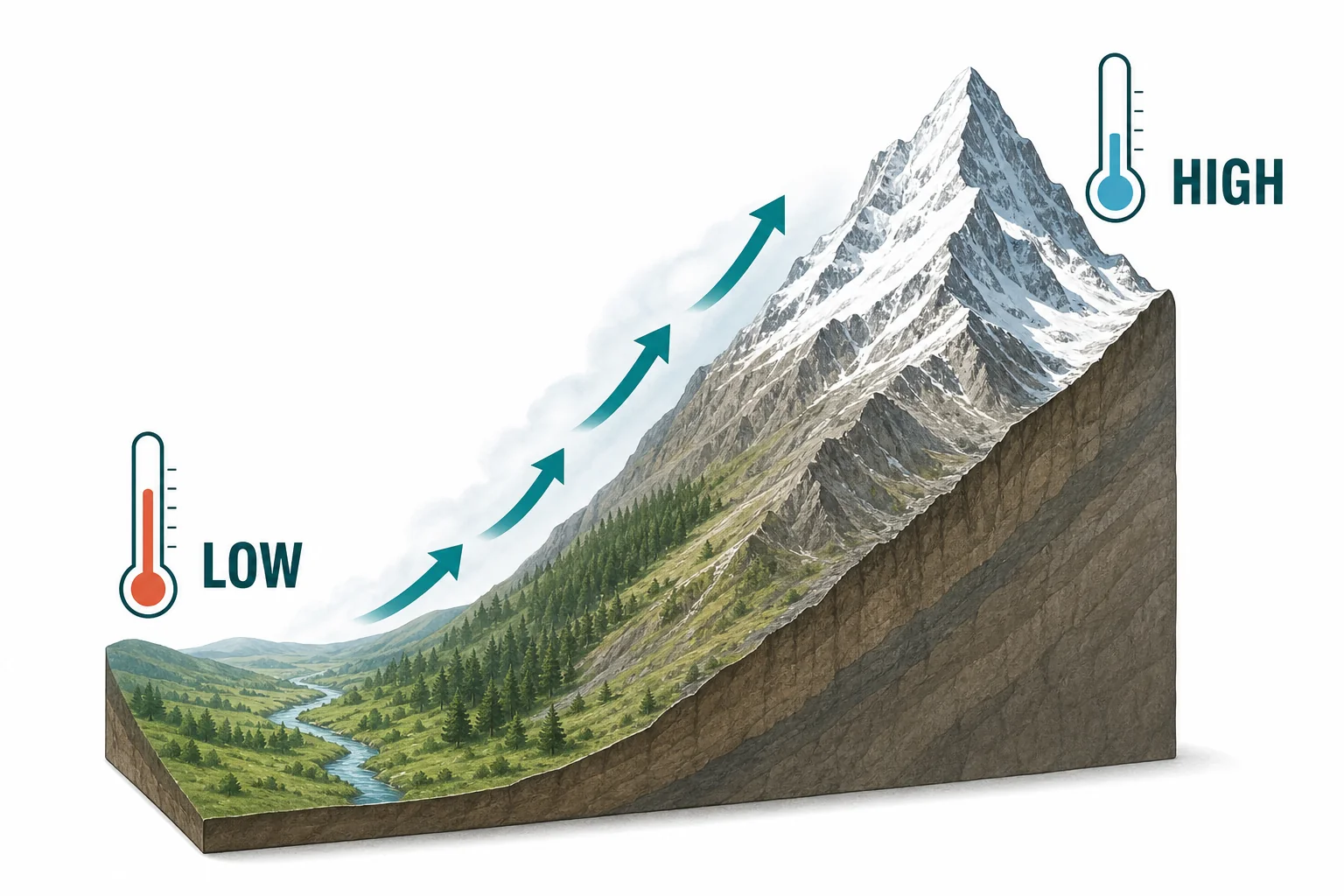 Mountain cross section showing warm air at a low valley and cooler air with snow near the high peak