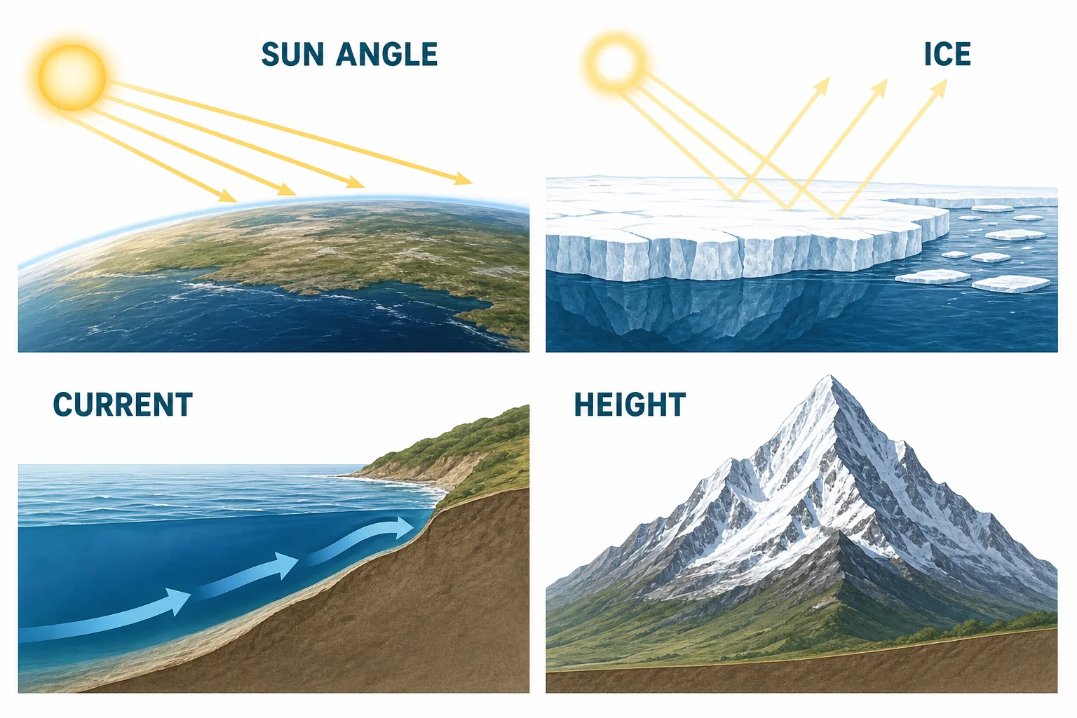 Four-panel comparison of cold climate causes showing polar sunlight, sea ice, ocean current, and mountain elevation