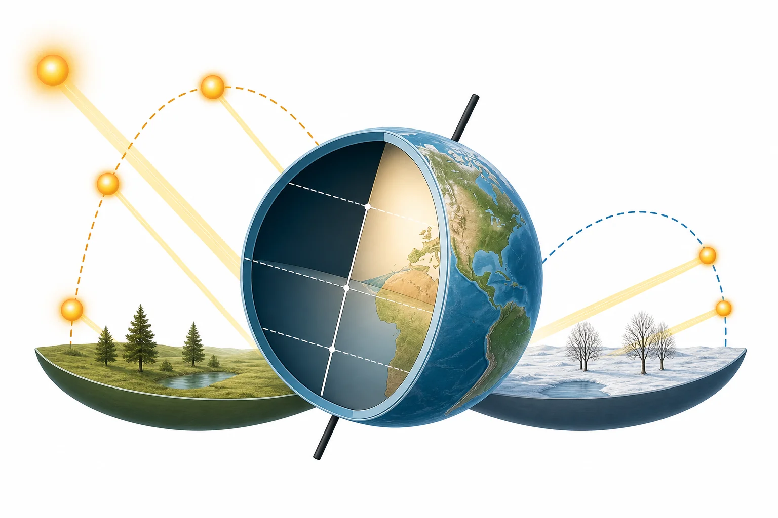 Diagram of tilted Earth orbiting the Sun, showing one hemisphere leaning toward sunlight in summer and away from sunlight in winter
