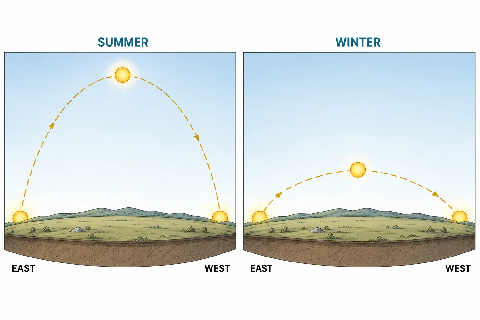 Side-by-side sky view showing a high, long summer Sun path and a low, short winter Sun path above the same horizon