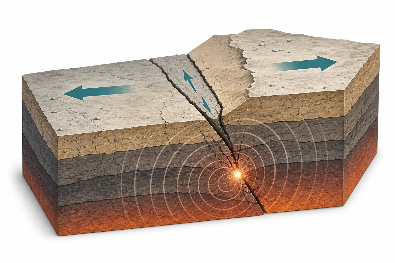 Cutaway view of Earth showing tectonic plates, a fault, and shaking waves spreading from an underground slip point