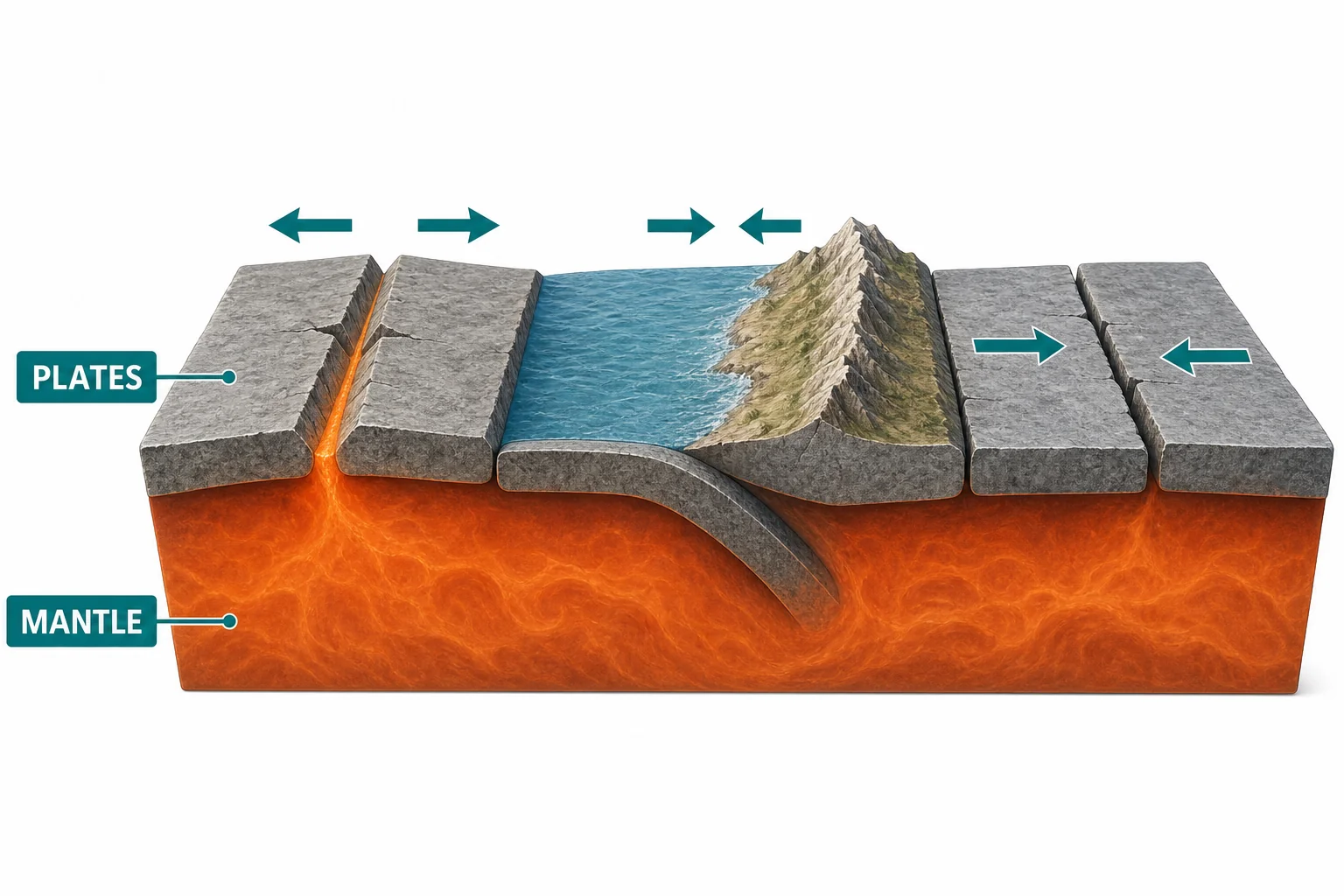 Diagram of tectonic plates moving on top of the mantle with arrows showing different directions of plate motion