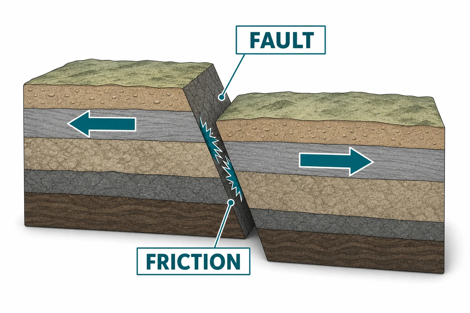 Cross section of a fault with two rock blocks locked together and arrows showing opposite motion