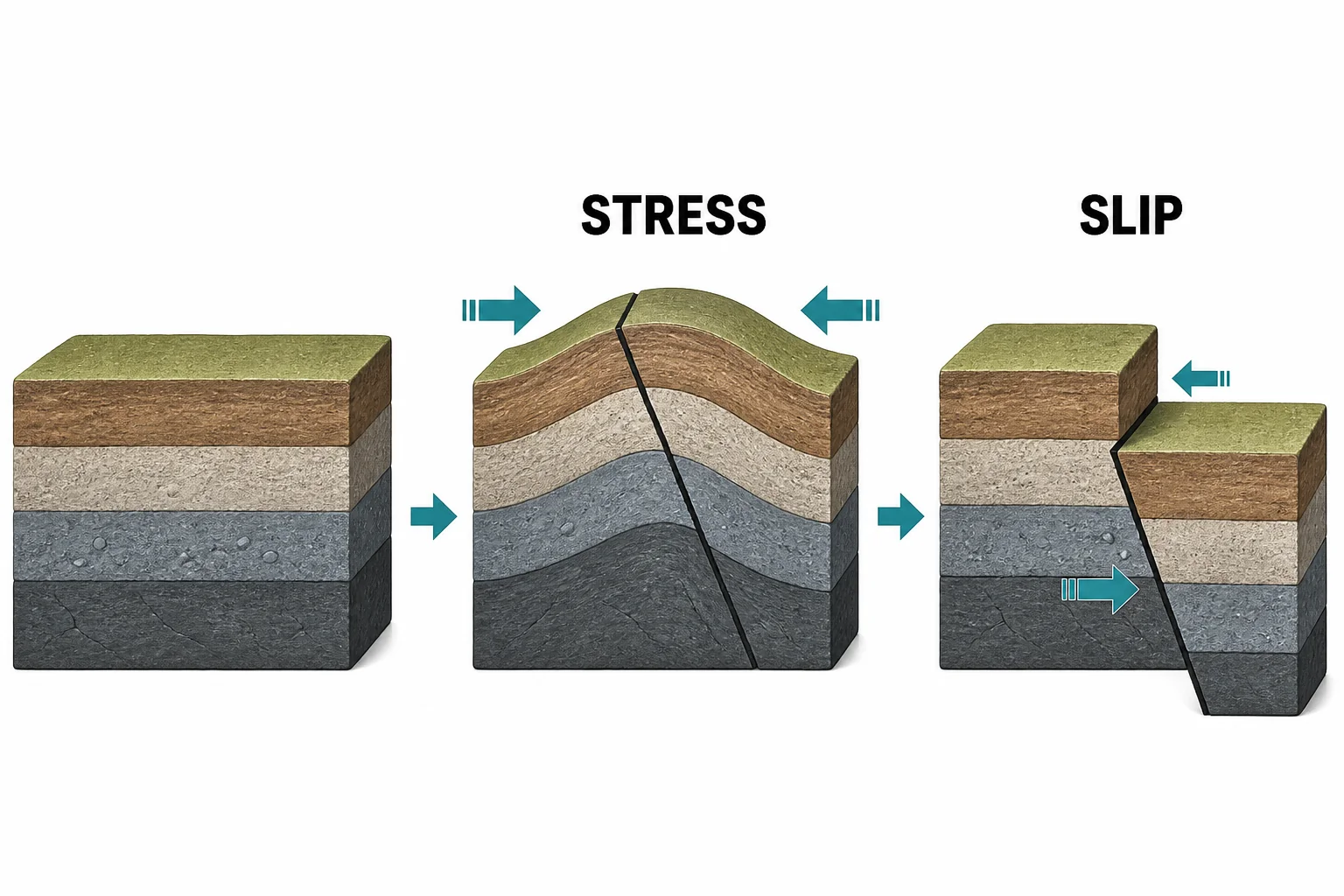 Three-panel diagram showing rock layers before stress, bending under stress, and sudden slip during an earthquake
