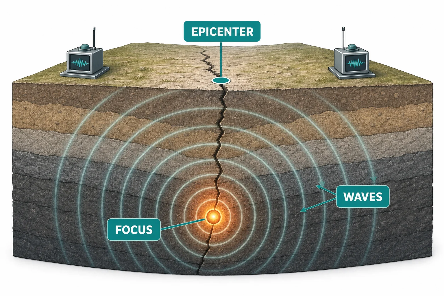 Cutaway diagram showing seismic waves spreading from an underground focus to the surface epicenter and seismometer stations