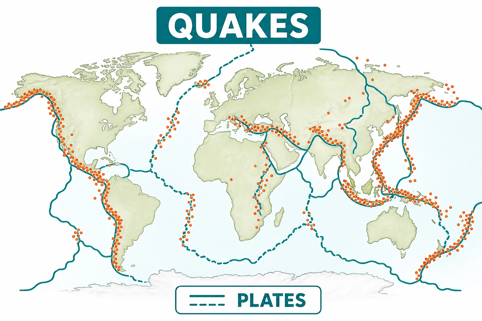 World map showing earthquake dots clustered along plate boundaries, including around the Pacific Ocean