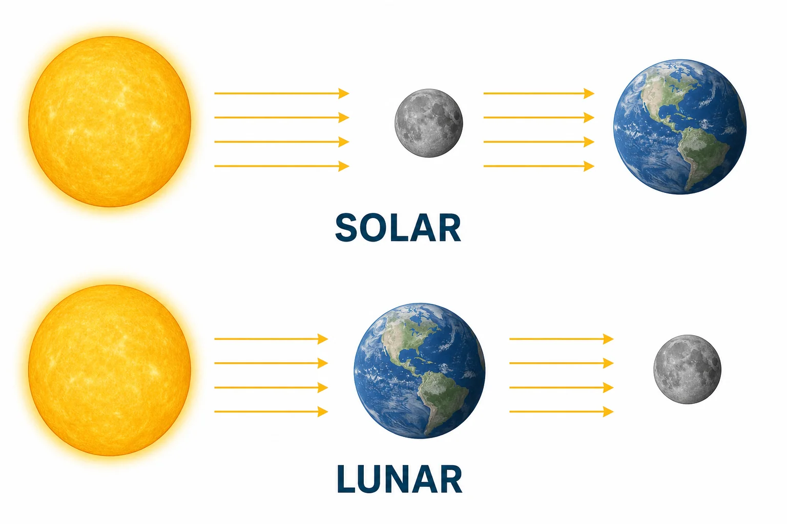 Side-by-side diagrams showing the Sun, Moon, and Earth aligned for a solar eclipse and the Sun, Earth, and Moon aligned for a lunar eclipse.