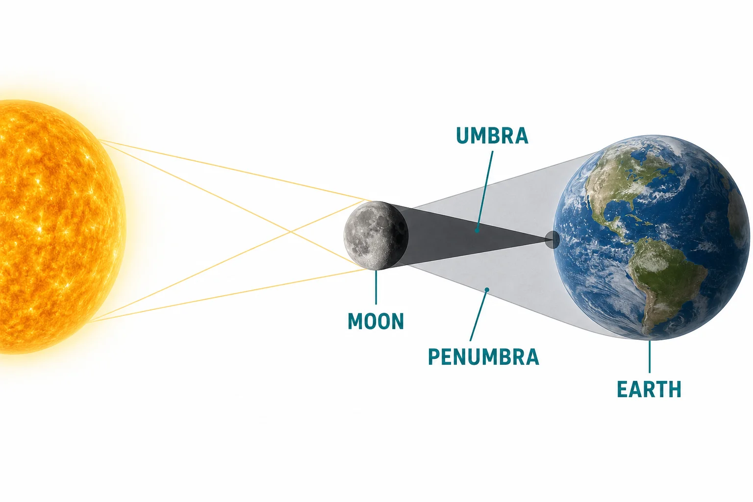 Solar eclipse shadow geometry showing the Moon between the Sun and Earth, with dark umbra and lighter penumbra reaching Earth.