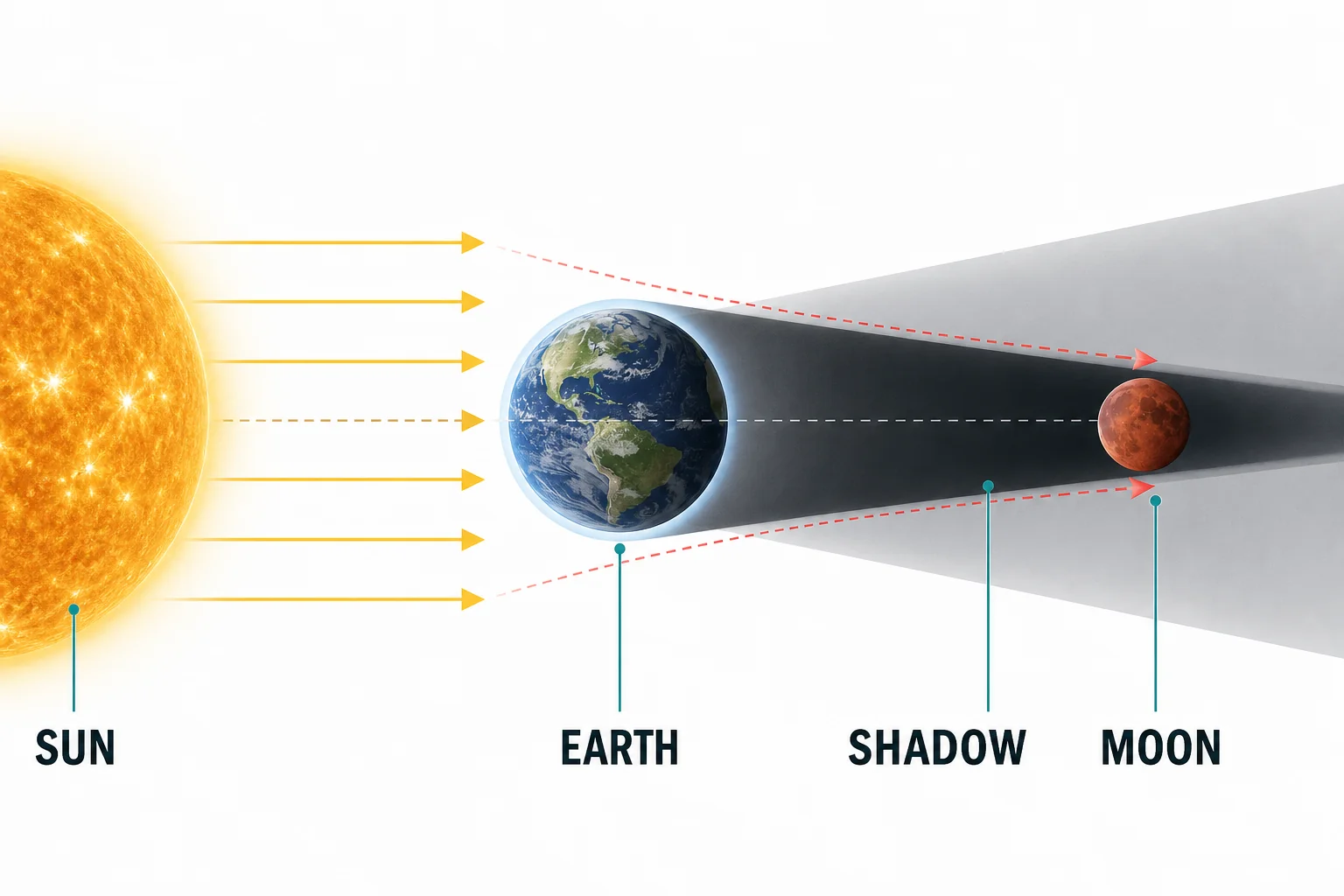 Lunar eclipse diagram showing Earth between the Sun and Moon, with the Moon passing through Earth's shadow.