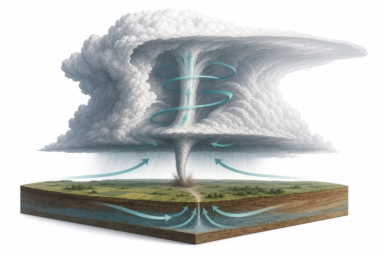 A supercell thunderstorm with rising air below the cloud and a narrow rotating tornado reaching toward the ground