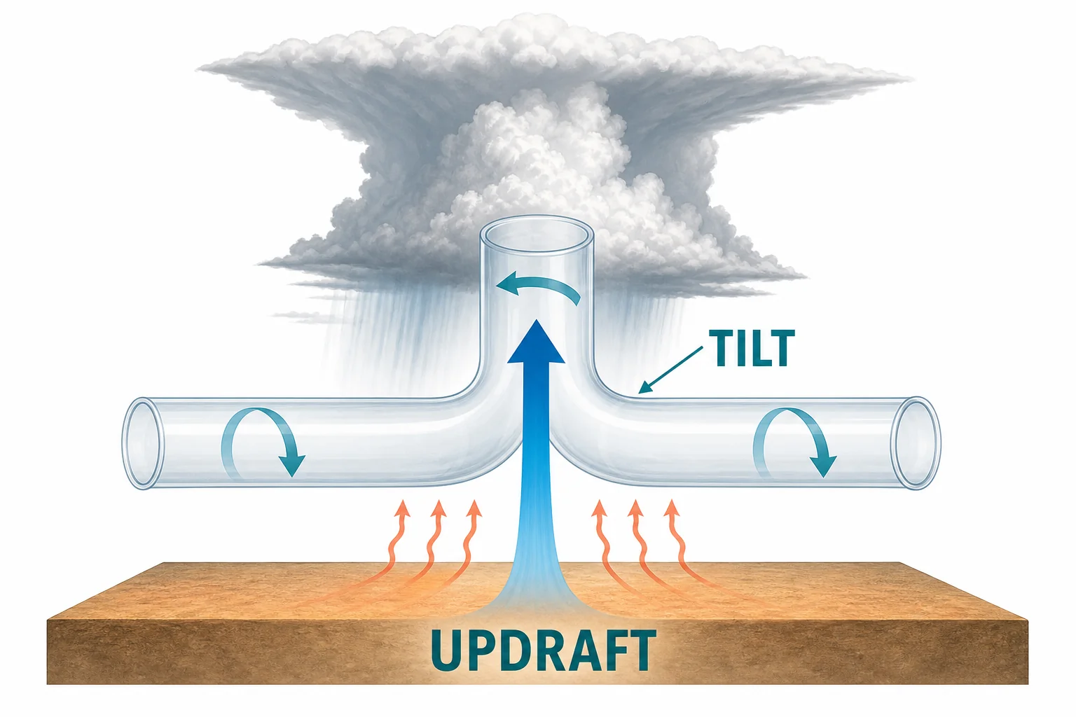 A thunderstorm updraft lifts a sideways rolling tube of air and tilts part of the spin upward