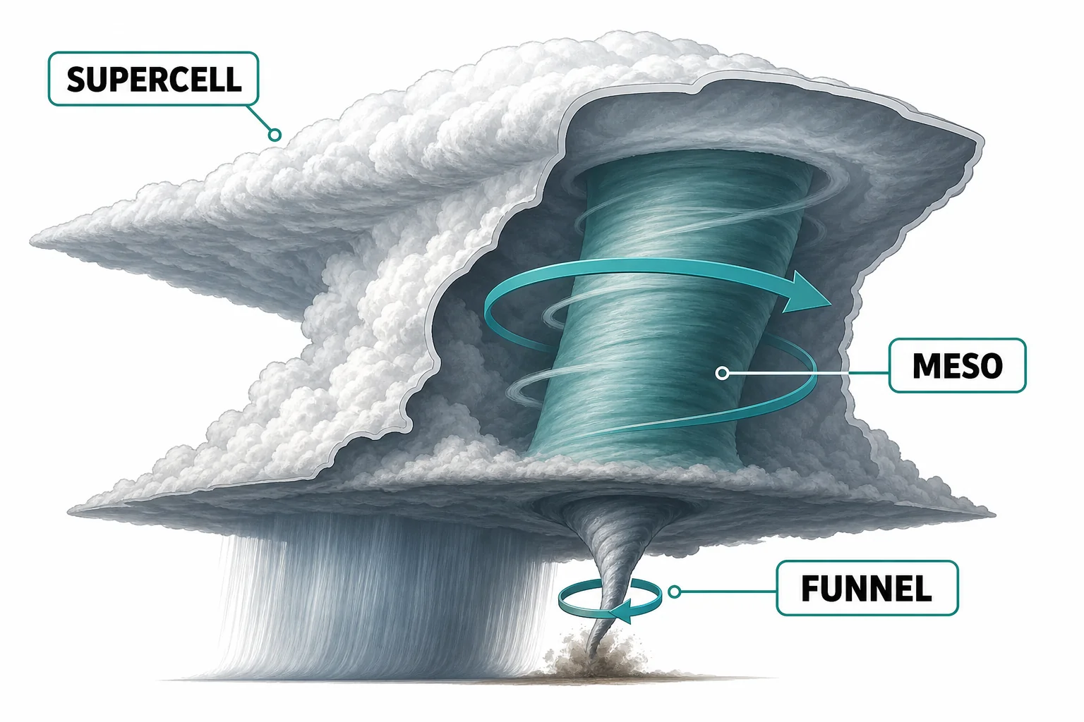 A supercell thunderstorm with a broad rotating updraft above a smaller possible tornado region