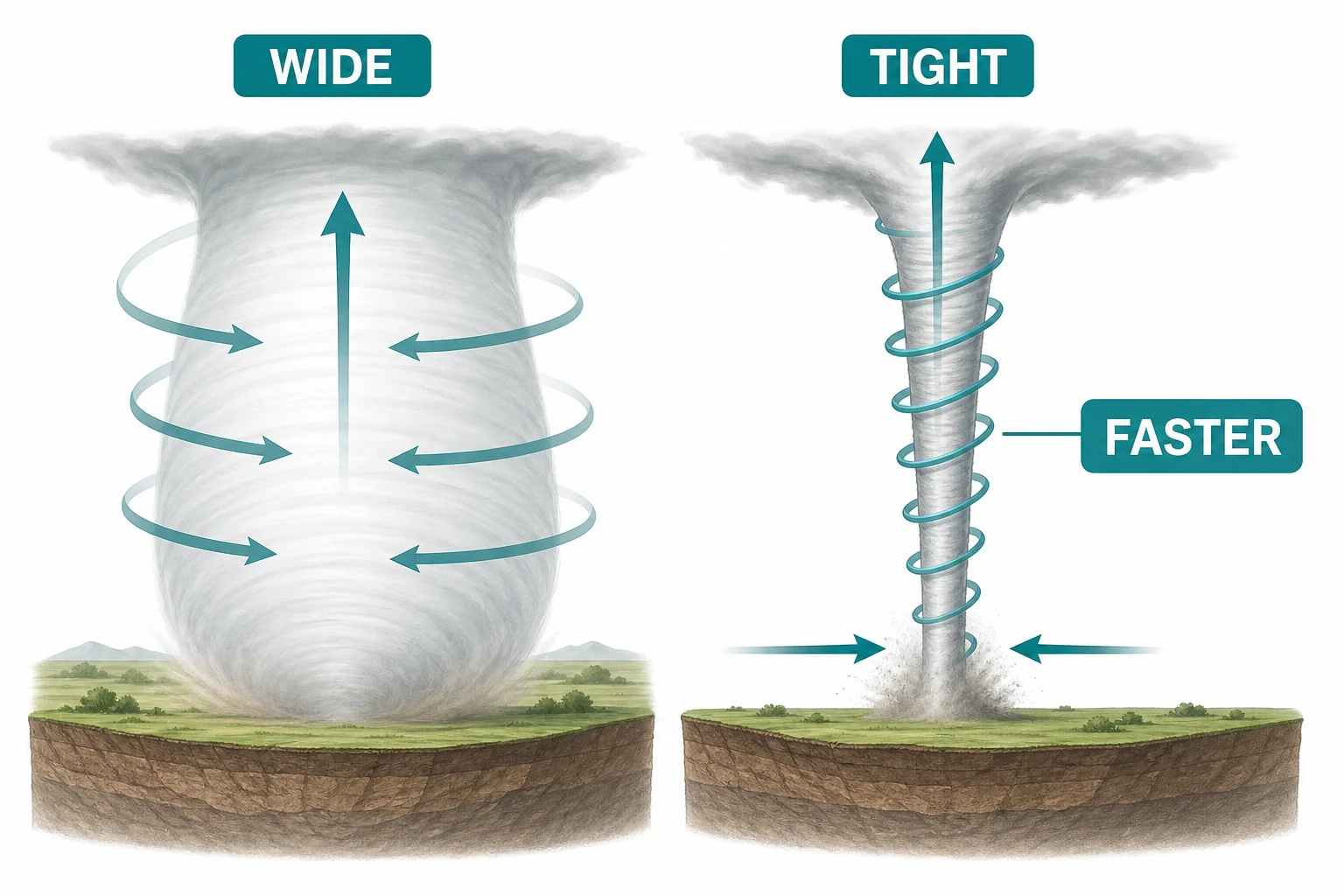 A wide rotating column narrows and spins faster as air rises and stretches it upward