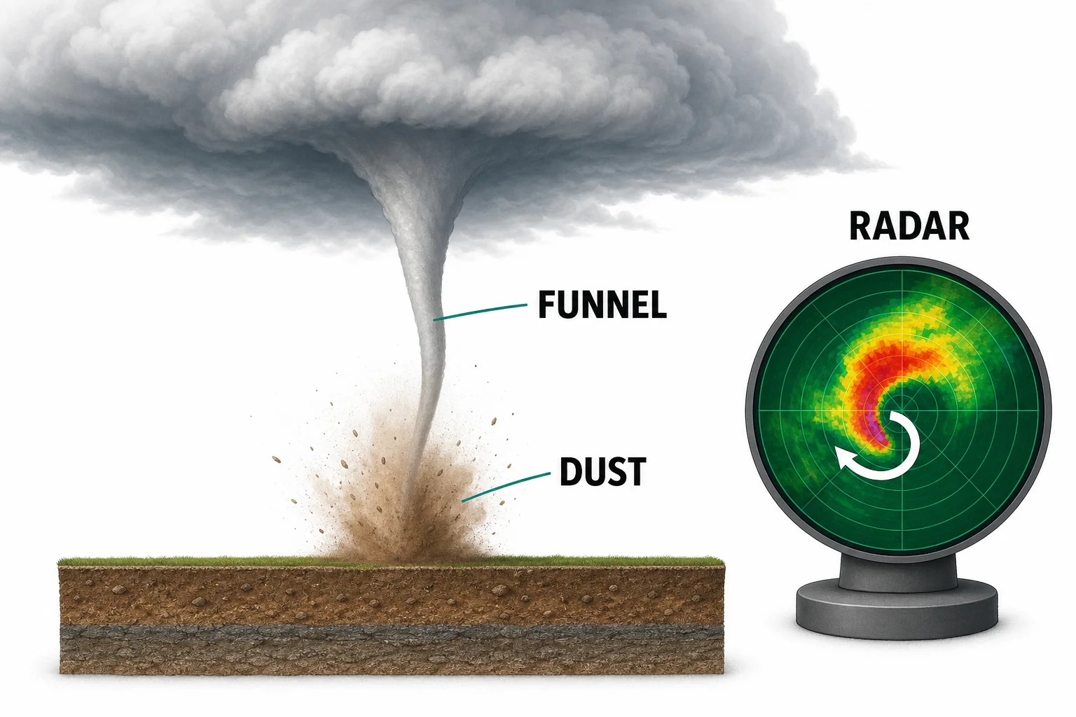 A tornado circulation connects a storm cloud to the ground, with dust at the surface showing contact